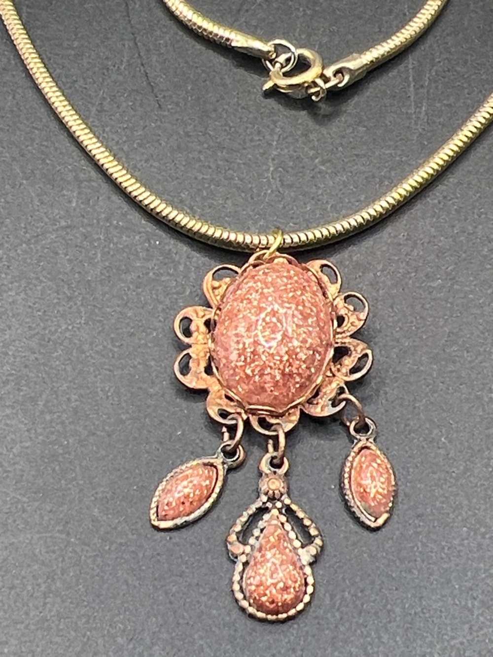 Vintage Copper Goldstone Glitter Dangling Pendant Necklace